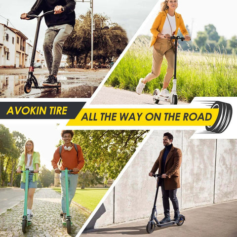 Collage of people riding scooters on 10x2.75-6.5 scooter tire off road, 10 inch scooter tyres, 70/65-6.5 thickened tyre for replacement parts.