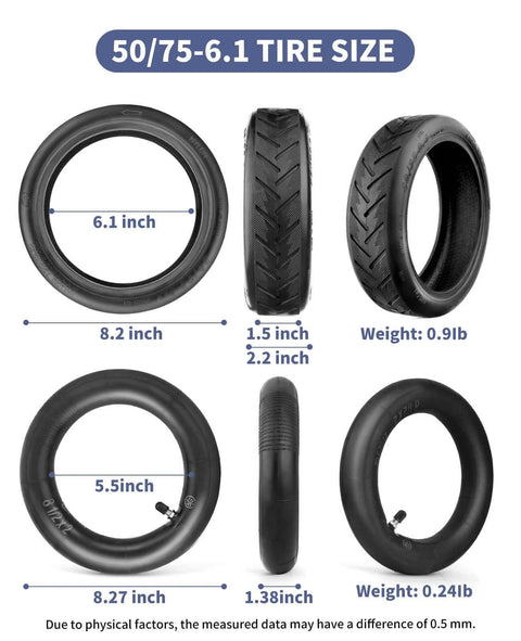 50/75-6.1 tire size chart showing dimensions and weights for scooter tire and inner tube set