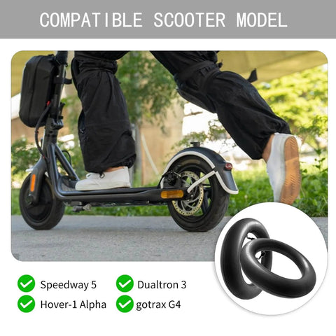 Person riding scooter with 10x2.75-6.5 scooter tire tube; inset image of tire tube for Speedway 5 Dualtron 3 Hover-1 Alpha gotrax G4.