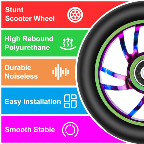 100mm Scooter Replacement Wheels 2 Pack with 88A PU Tires Aluminum Core and 608RS Bearings Installed, multicolored wheel close-up