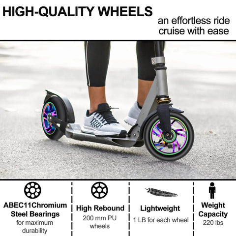 Person riding a scooter with 100mm Scooter Replacement Wheels 2 Pack with 88A PU Tires Aluminum Core and 608RS Bearings Installed