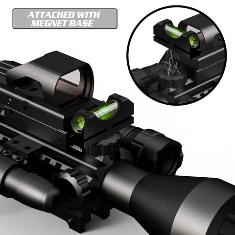 Precision Scope Leveling Tool For Easy Rifle Scope Mounting And Precise Alignment Universal And Professional Grade Heavy Duty Build Comes Stored In Durable Hard Case For Maintenance Black And Silver KNINE OUTDOORS attached to a rifle scope with a magnet base.