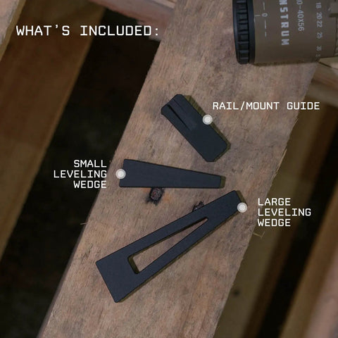 Scope Leveling Tool Kit With Base And Two Wedges For Precise Vertical Alignment While Mounting A Rifle Scope This Leveling System Helps You Get A Rock Solid Sight Picture And Quick Adjustments On Any Receiver By Monstrum showcasing rail/mount guide, small and large leveling wedges on wooden surface.