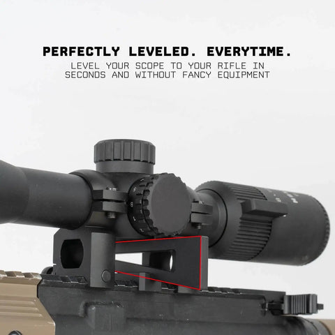 Scope Leveling Tool Kit With Base And Two Wedges For Precise Vertical Alignment While Mounting A Rifle Scope This Leveling System Helps You Get A Rock Solid Sight Picture And Quick Adjustments On Any Receiver By Monstrum, shown mounted on a rifle with focus on alignment.