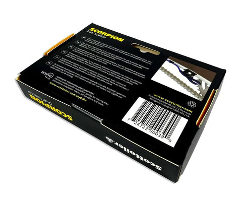 Box packaging of Essentials Micro vSystem Automatic Motorcycle Chain Lubrication Kit with Scorpion Dual Injector Twin Feed.