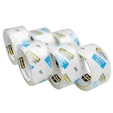 Six rolls of Scotch Heavy Duty Packaging Tape 1.88 In x 54.6 yd Clear 3 In Core For Strong Sealing And Shipping displayed in a group