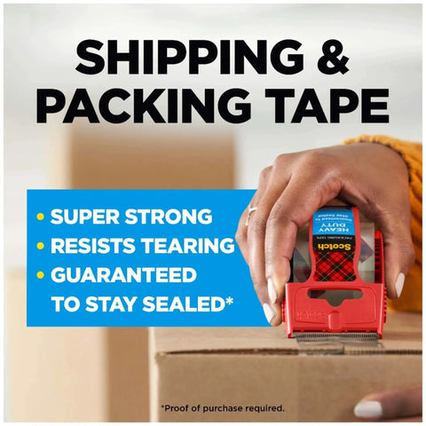 Person using Scotch Heavy Duty Shipping Packing Tape With Dispenser, Clear 1.88 In X 27.7 Yd, 1 Roll on a box for sealing.