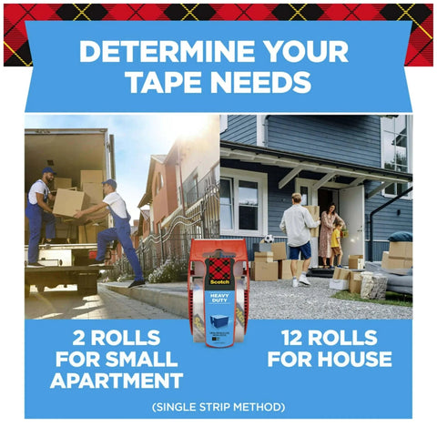 Determine tape needs for packing with Scotch Heavy Duty Shipping Packing Tape With Dispenser, Clear 1.88 In X 27.7 Yd, 1 Roll.