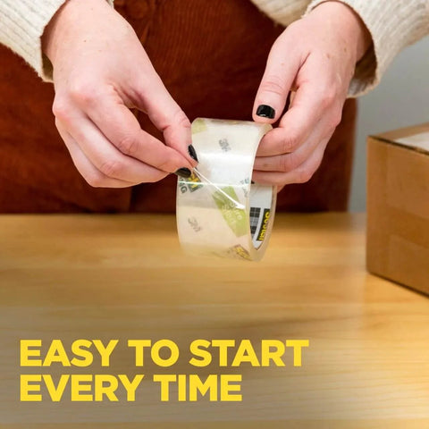 Person using Scotch Sure Start Packing Tape Clear 1.88 In X 22.2 Yd 6 Dispenser Rolls Quiet Unwind Easy Start Strong Hold