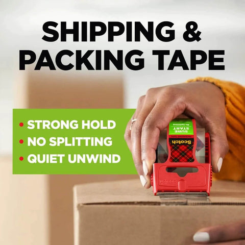 Person using Scotch Sure Start Packing Tape Clear 1.88 In X 22.2 Yd 6 Dispenser Rolls Quiet Unwind Easy Start Strong Hold on a box