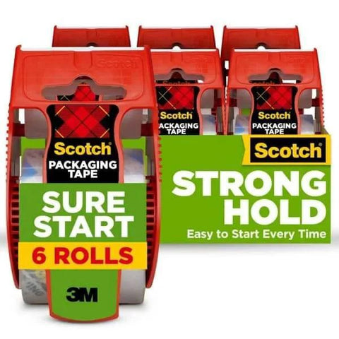 Scotch Sure Start Packing Tape Clear 1.88 In X 22.2 Yd 6 Dispenser Rolls displayed with packaging and red dispensers