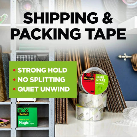 Scotch Sure Start Packing Tape 1.88in x 54.6yd Clear for Shipping and Mailing, Durable Hold, Smooth Unwind, displayed on shelf