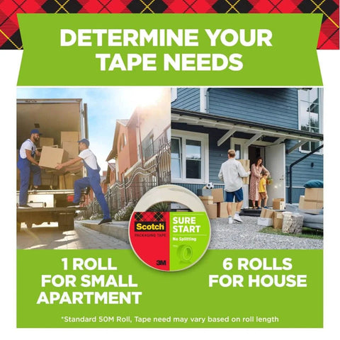 Scotch Sure Start Packing Tape 1.88in x 54.6yd Clear for Shipping and Mailing, guide for small apartment and house use