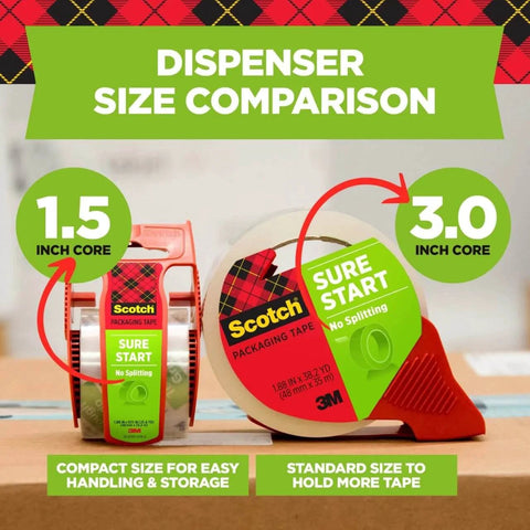 Scotch Sure Start Packing Tape Clear 1.88 In X 22.2 Yd 6 Dispenser Rolls Quiet Unwind Easy Start Strong Hold size comparison