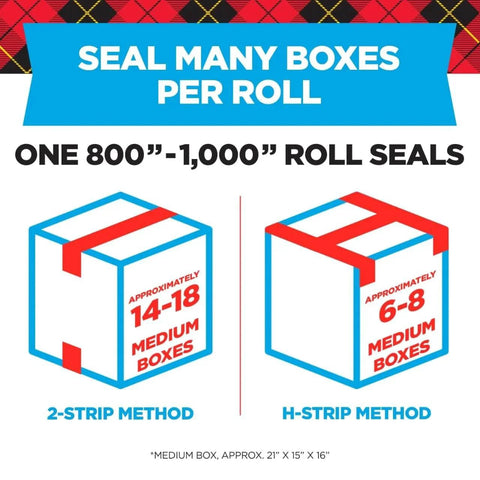 Two packing boxes labeled with sealing methods, showing usage of Scotch Heavy Duty Packing Tape Clear 1.88 In X 22.2 Yd With Dispenser 6 Roll Pack.