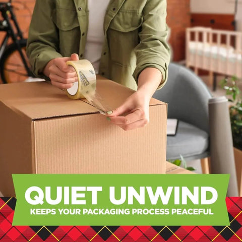 Person sealing a box with Scotch Sure Start Packing Tape Clear 1.88 In X 22.2 Yd 6 Dispenser Rolls Quiet Unwind Easy Start Strong Hold.