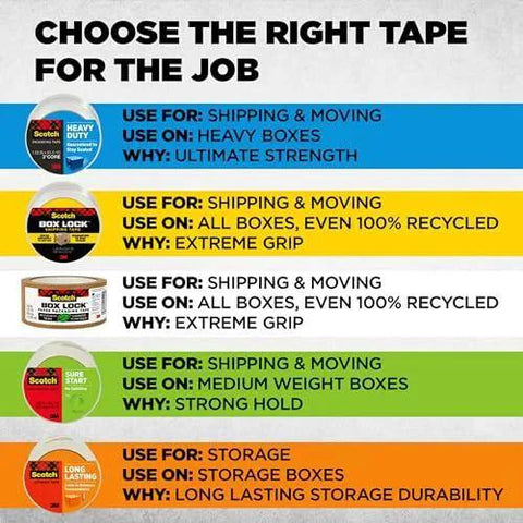 Scotch packaging tape selection guide for different uses and boxes, featuring Scotch Heavy Duty Packaging Tape 1.88 In x 54.6 yd Clear 3 In Core 6 Rolls.