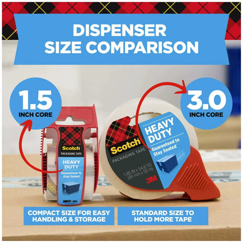 Scotch Heavy Duty Shipping Packing Tape With Dispenser, Clear 1.88 In X 27.7 Yd, 1 Roll, size comparison, 1.5 inch vs 3.0 inch core