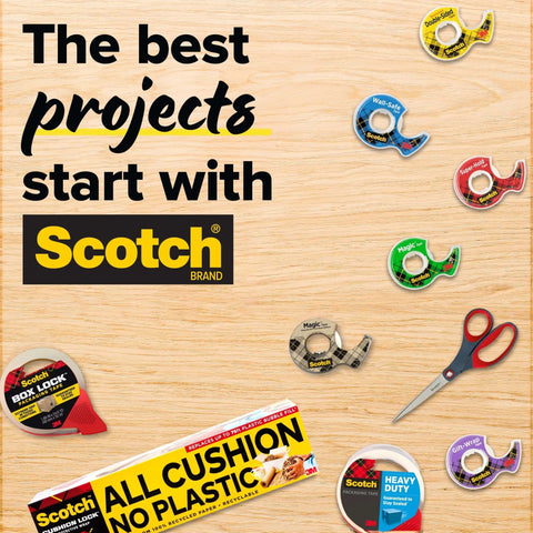 Scotch Brand tape dispensers, scissors, and packaging material on a wooden surface with text 'The best projects start with Scotch'