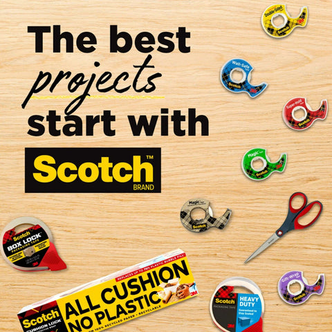 Various Scotch brand tapes and scissors on wooden surface with text 'The best projects start with Scotch'.