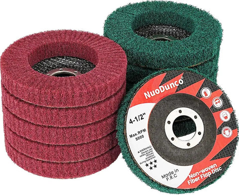 10 Pack 4 1 Half Inch Flap Discs For Angle Grinder Set With 180 And 320 Grits, red and green pads, ideal for metal and wood sanding.