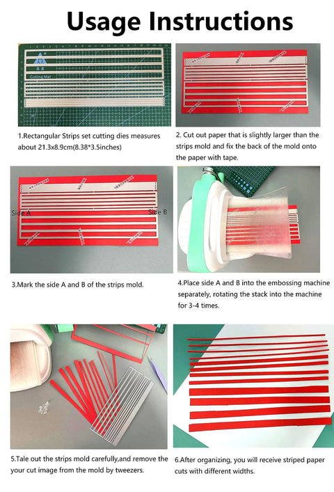 Usage instructions for Creative Scrapbooking Die Set For Paper Cards And DIY Crafting, showing step-by-step embossing and cutting process.