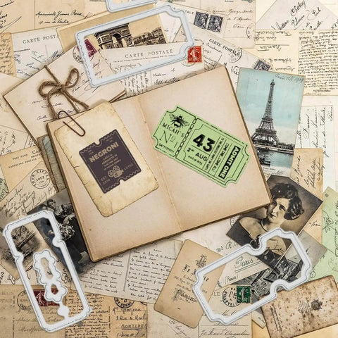 Vintage Ticket Stamp And Die Set For Scrapbooking 28 Pieces Featuring 14 Clear Stamps And 14 Die Cuts on a scrapbook layout