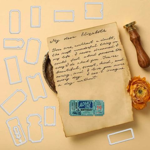 Vintage Ticket Stamp And Die Set For Scrapbooking 28 Pieces Featuring 14 Clear Stamps And 14 Die Cuts next to a handwritten letter
