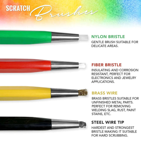 Fiberglass Pen Scratch Brush Set with steel, brass, nylon, and fiberglass tips for jewelry, corrosion removal, and auto body work