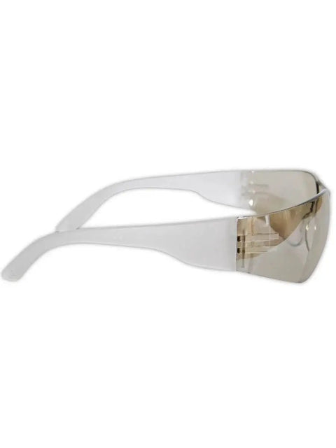 Side view of scratch and impact resistant safety glasses with wraparound indoor outdoor lens featuring frosted temples.