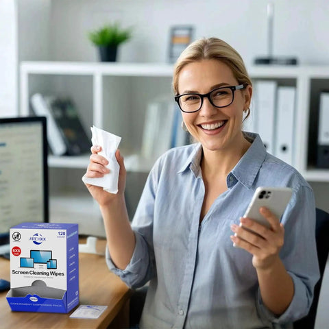 Woman holding 120 Count 6x6 Premoistened Screen Cleaning Wipes For Electronics Ideal For Computers Laptops Tablets Phones Monitors TVs OLED LCD And Lens Cleaning Individually Wrapped For Safe Quick Dirt Free Screens