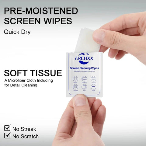 Hand holding individually wrapped sheet of 120 Count 6x6 Premoistened Screen Cleaning Wipes For Electronics Ideal For Computers Laptops Tablets Phones Monitors TVs OLED LCD And Lens Cleaning Individually Wrapped For Safe Quick Dirt Free Screens