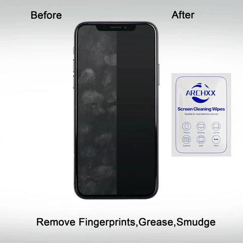 Image showing a mobile phone screen before and after using 120 Count 6x6 Premoistened Screen Cleaning Wipes For Electronics.