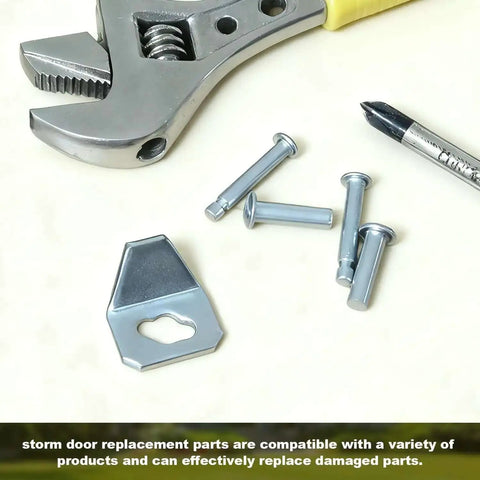 Beefed Up Heavy Duty Screen Door Closer Replacement Kit 5 Pack with 4 steel pins and reinforced iron plate, tools shown
