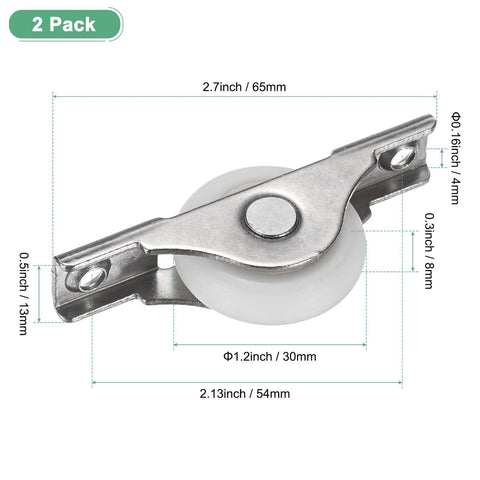 2-Pack Screen Door Rollers, 30mm Diameter Nylon Pulley Wheels, durable iron and nylon casting, dimensions and design visible