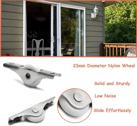 Two Pack 23mm Diameter Screen Door Rollers Nylon Wheel With Stainless Steel Shell Electroplating Finish For Garage Screen Doors showing roller and installed view