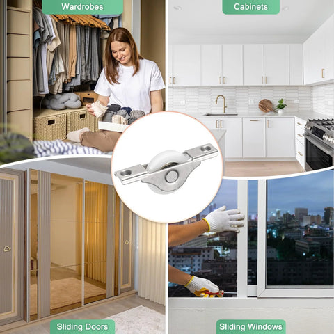 2-Pack Screen Door Rollers, 30mm Diameter Nylon Pulley Wheels for Sliding Doors and Windows; installation examples in wardrobes and cabinets