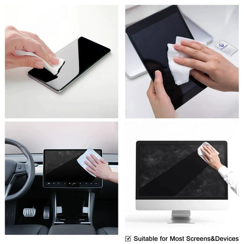 Collage showing 120 Count 6x6 Premoistened Screen Cleaning Wipes For Electronics used on phone, tablet, car monitor, and desktop screen.