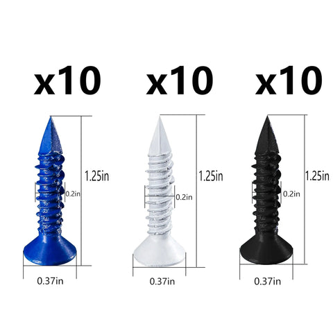 Image of 30 flat head concrete screws in blue, white, and black, each 3/16"x1-1/4, from the (105 PCS) 3/16" Concrete Screw Anchor Kit.