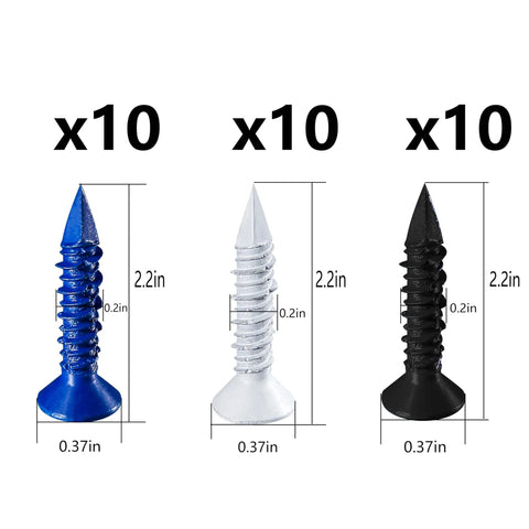 Image of 30 flat head concrete screws, 3/16 inch size, in blue, white, and black from the (105 PCS) 3/16" Concrete Screw Anchor Kit.