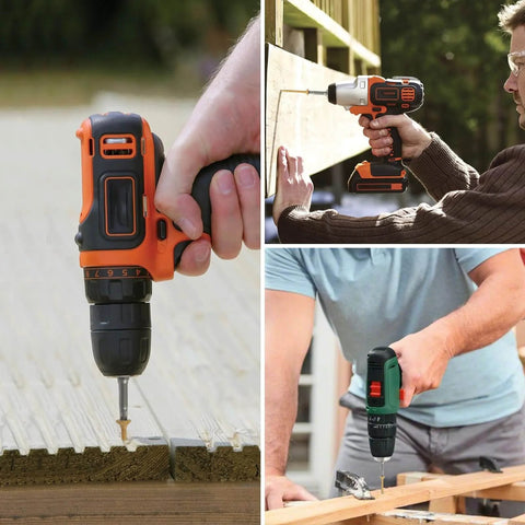 Collage of Wood Screws 3 Inch being used with different drills, showing assembly of outdoor wood decking and fence.