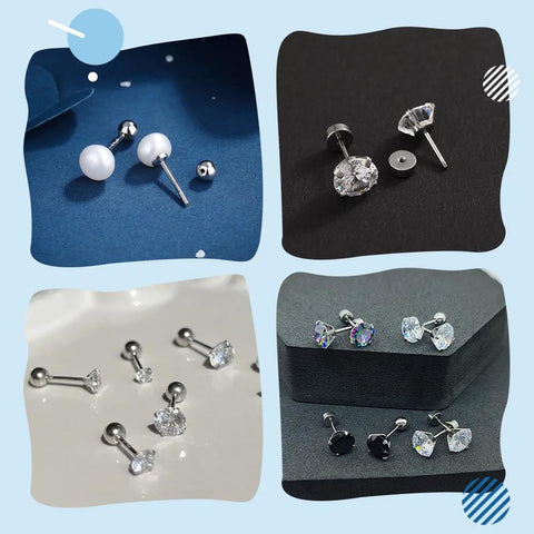 1 Pair Screw Ball Backings For 0.95mm Threaded Posts displayed with various stud earrings, gold plated 925 sterling silver findings
