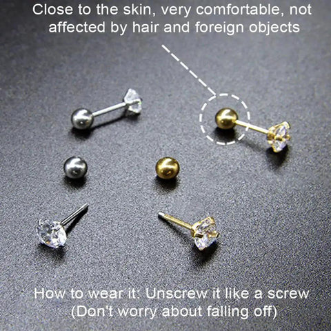 5 Size Set Of Screw Ball Backings For Threaded Posts 304 Stainless Steel Earring Backs in use, showing screw mechanism with stud earrings