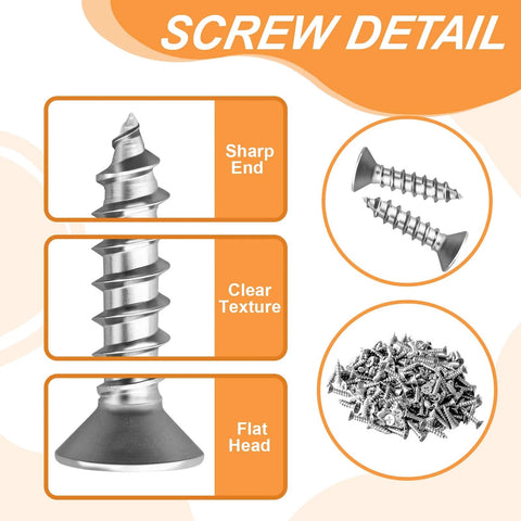 Screw detail showing sharp end, clear texture, and flat head with a pile of similar screws for use with 24PCS Silver L Bracket Corner Sets 90 Degree Corner Brace Right Angle Bracket Metal Stainless Steel for Wood Shelves Cabinet Furniture Tables Chairs and DIY with 100PCS Screws (1.6*1.6 in) designed for smooth motion and stable alignment in. Close-up and overview of screws included.
