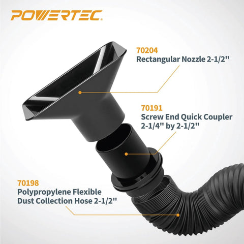 Screw End Quick Coupler For Two And A Half Inch Hose With Left Hand Threaded Adapter, connected to a dust collection hose and nozzle.