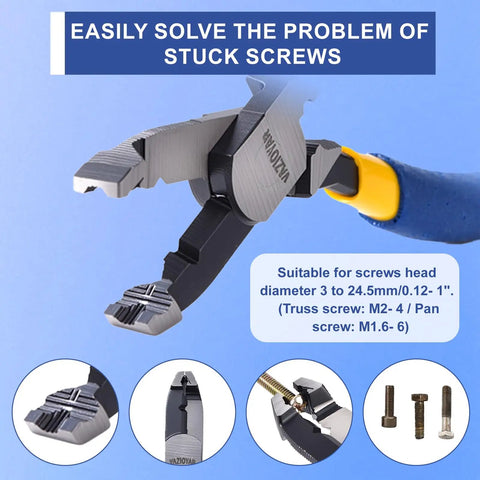 Multi Function Screw Extractor Pliers For Stripped Screws And Nuts Non Slip Tool That Extracts Broken Rusted Screws And Grips Bolts Tightening Loosening With Sharp Teeth And Wire Pliers By VAZIOYAR, displayed with open grip and marked measurements.