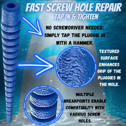 Fast Stripped Screw Hole Repair Kit showing textured pluggies for cabinets, hinges, doors, and furniture with wood anchors.