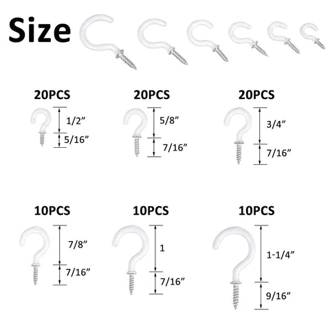 Various sizes of white screw hooks displayed with corresponding dimensions and quantities, set of 90 hooks with size details.