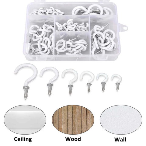Assorted white hooks with screws for ceiling, wood, and wall, organized in a plastic storage box.