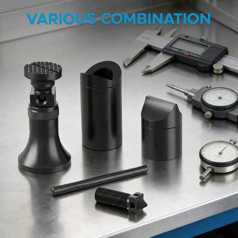 Heavy Duty Screw Jack Set For Leveling Milling And Drilling Machines With A 2.25 To 3.72 Inch Range And A 1.25 Inch Base Diameter 1000 Lbs Capacity Includes Interchangeable Bases Extensions And Carrying Case on a workbench with tools